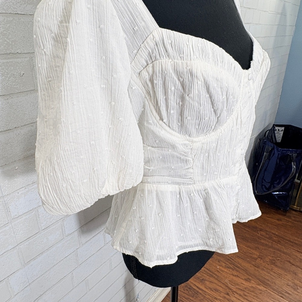 ASTR Corset Peplum Puff Sleeve Top Large Swiss Dot Coquette Renaissance Milkmaid - Picture 6 of 13